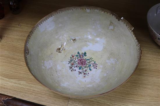 A Chinese Qianlong period famille rose punch bowl and four other Qianlong period porcelain bowls diameter 38.8cm